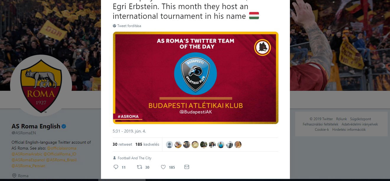 Az AS Roma Twitter-oldalán köszöntötte a magyar focicsapatot