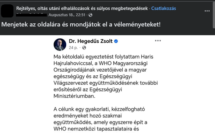 Fotó: Rejtélyes, oltás utáni elhalálozások és súlyos megbetegedések nevű nyilvános Facebook-csoport (képernyőfotó)
